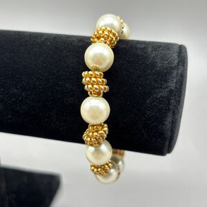 Vintage Anne Klein Gold Tone Faux Pearl Bracelet 7.5" 10mm Beads Classic Design